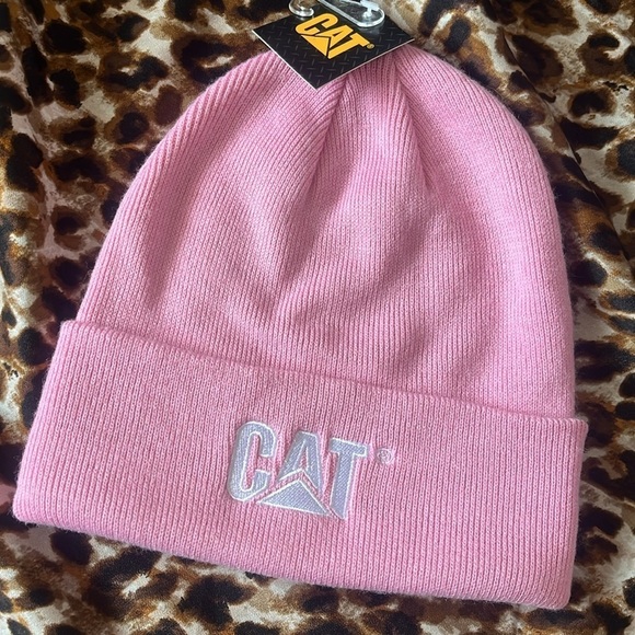 Brand New Caterpillar CAT Pink Knit Cuffed Beanie Hat White Embroidered Logo - Picture 2 of 11